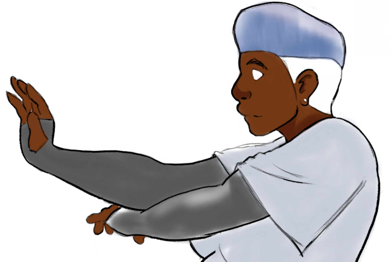 Digital illustration by Krystyna Ewing — a figure in a soft cap reaching a hand forward out of shadow.