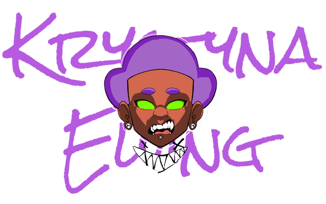 Hand-drawn self-portrait illustration by Krystyna Ewing: a character with a purple bucket hat and glowing green eyes, with her name lettered around it in purple marker.