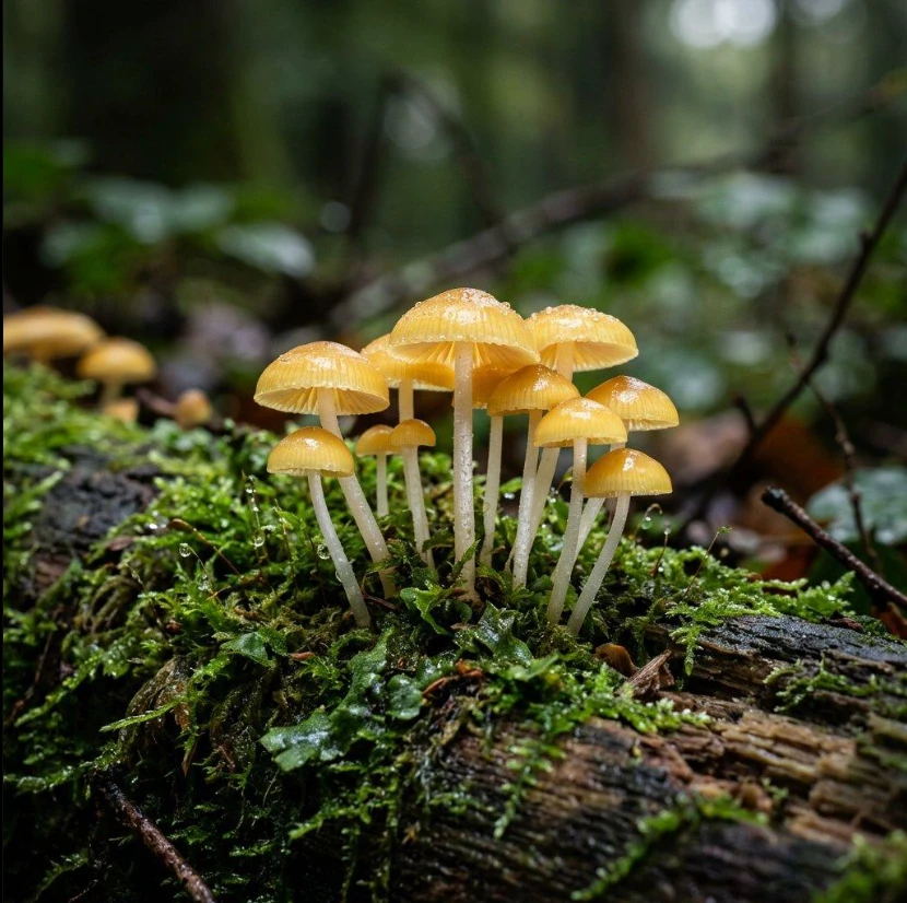 A cluster of golden mushrooms with translucent stems, rising at different heights from deep green moss on a decaying log in a dim forest.