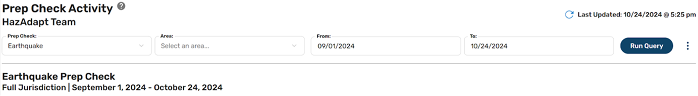 Full-page Prep Check Activity query builder with hazard, area, and date range controls