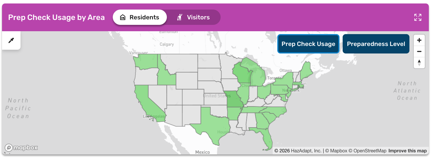Prep Check Usage by Area map with a Residents/Visitors toggle in the panel header