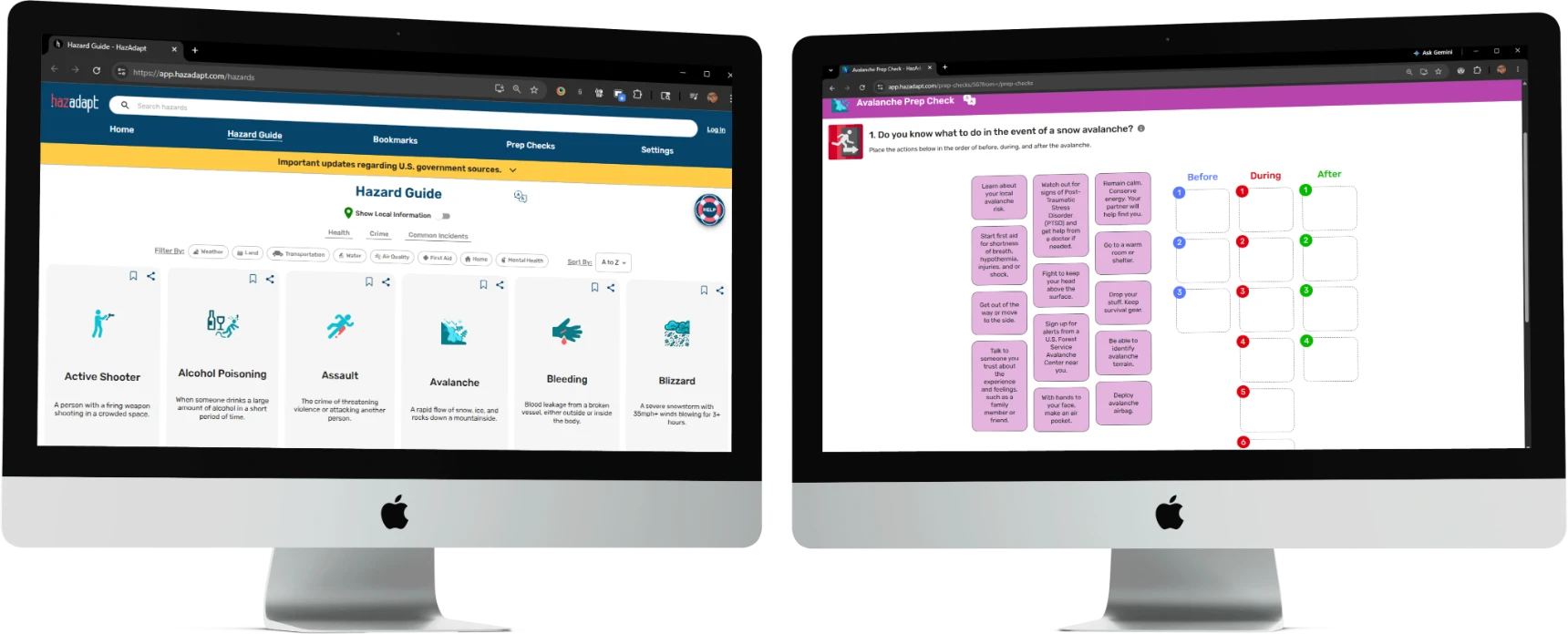 Two desktop monitors showing the HazAdapt Hazard Guide and an Avalanche Prep Check activity.