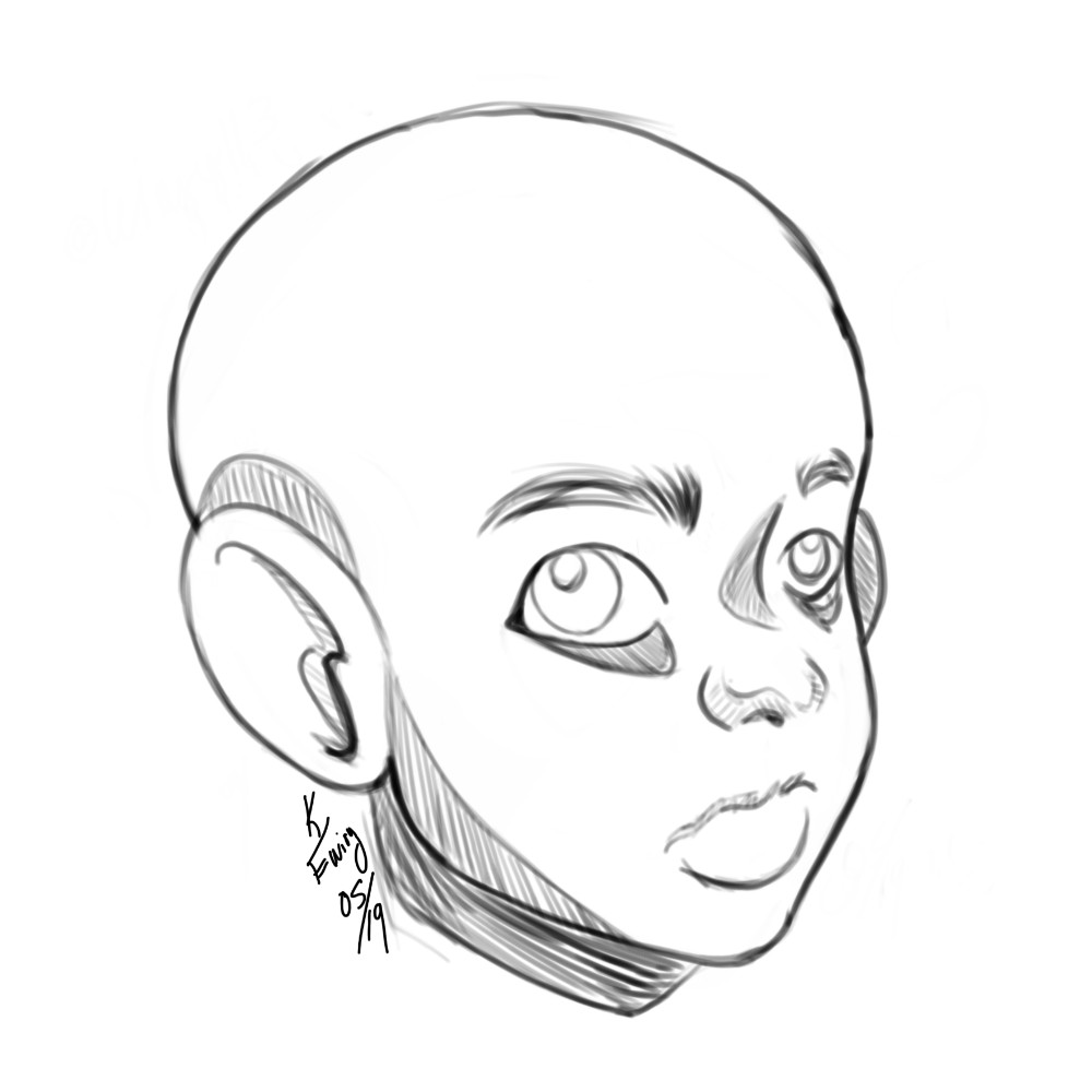 Digital pencil sketch of a bald young face in three-quarter view, signed K. Ewing 05/19.